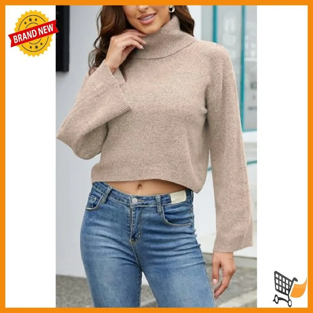 Women's Crop Sweater Turtleneck Long Sleeve Lightweight Fleece Pullover